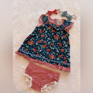Matilda Jane Strawberry dress with plaid bloomers.